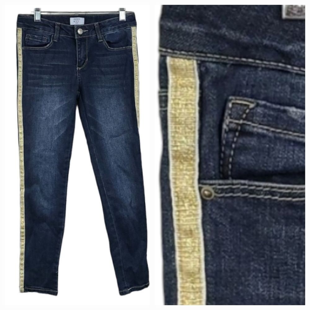 Crown & Ivy Girls 10 Skinny Jeans Yellow Gold Tinsel Stripe Down Leg Blue Denim